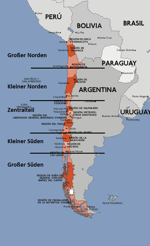 Zur Veranschaulichung: die verschiedenen Regionen von Chile. Das Bild wurde bearbeitet nach Wikipedia. 