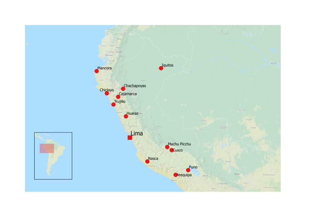 Reiseziele in Peru. Die Karte wurde durch QGIS erstellt. 