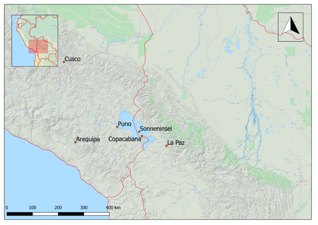 Die Sonneninsel (Isla del Sol) liegt auf dem Titicacasee, nur einen Kilometer vom Festland der Copacabana-Halbinsel entfernt. Ich bin mit dem Bus von Cusco aus über Puno nach Copacabana gefahren. Die Grenze zwischen Bolivien und Peru verläuft durch den Titicacasee. Diese Karte wurde mit QGis erstellt. 